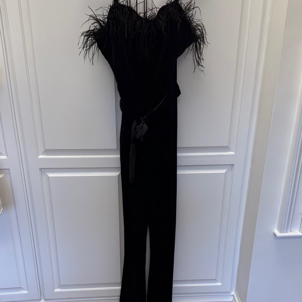 GB Girls Black Feather-Trimmed velvet Jumpsuit